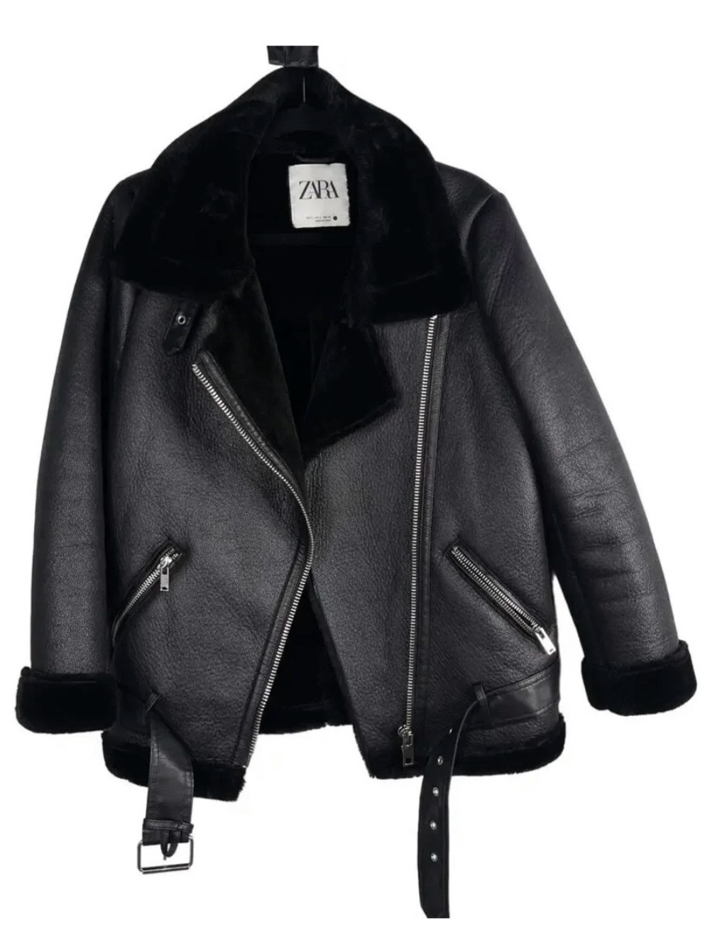 Zara Black Faux Shearling Biker Jacket with Silver Hardware